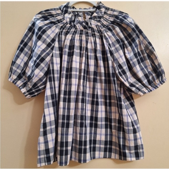 J. CREW Women's Black and White Plaid Puff Sleeve Top - Picture 4 of 13